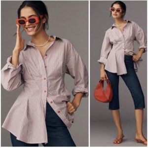 Maeve Anthropologie Women’s Small Long Sleeve Waisted Top Pinstripe Button Down
